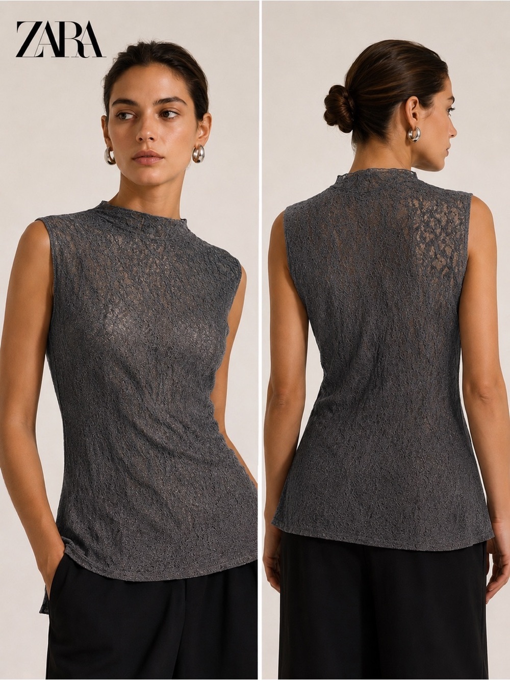ZARA Charcoal Lace Mock Neck Sleeveless Top – New With Tags
